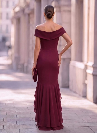 Sheath/Column Off-The-Shoulder Sleeveless Asymmetrical Chiffon Evening Dresses With Ruffle/High Split