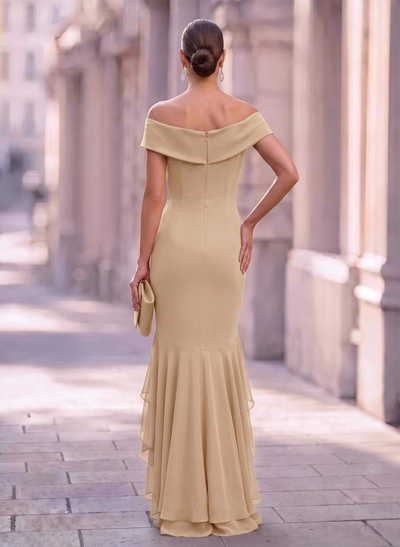 Sheath/Column Off-The-Shoulder Sleeveless Asymmetrical Chiffon Evening Dresses With Ruffle/High Split