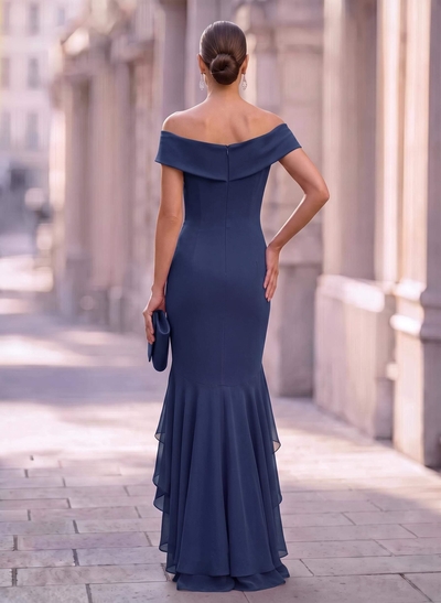 Sheath/Column Off-The-Shoulder Sleeveless Asymmetrical Chiffon Evening Dresses With Ruffle/High Split