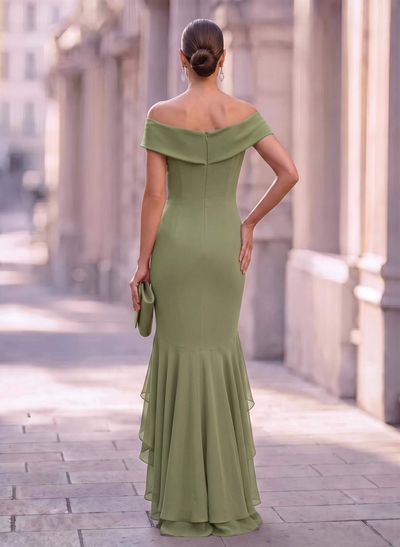 Sheath/Column Off-The-Shoulder Sleeveless Asymmetrical Chiffon Evening Dresses With Ruffle/High Split