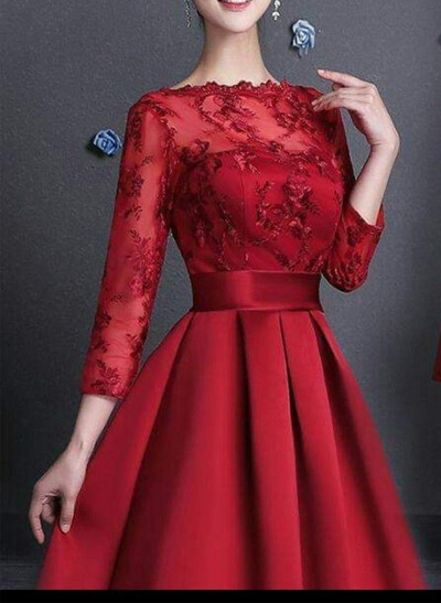 A-Line Scoop Neck 3/4 Sleeves Tea-Length Lace/Satin Evening Dresses With Bow