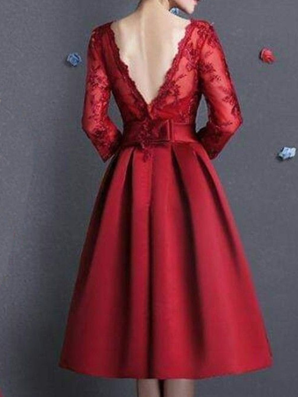 A-Line Scoop Neck 3/4 Sleeves Tea-Length Lace/Satin Evening Dresses With Bow