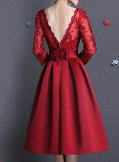 A-Line Scoop Neck 3/4 Sleeves Tea-Length Lace/Satin Evening Dresses With Bow