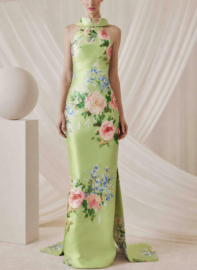 Sheath/Column Cowl Neck Sleeveless Sweep Train Satin Evening Dresses With Floral-Print