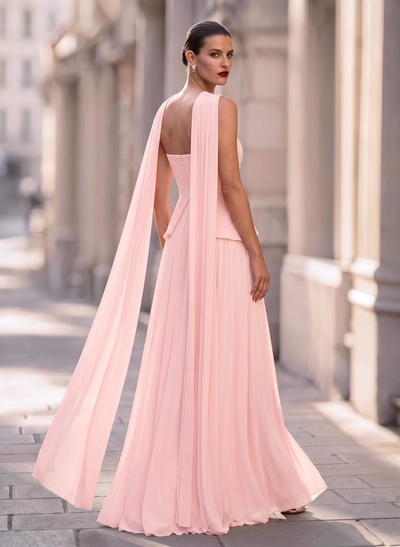A-Line Strapless Sleeveless Sweep Train Chiffon Evening Dresses