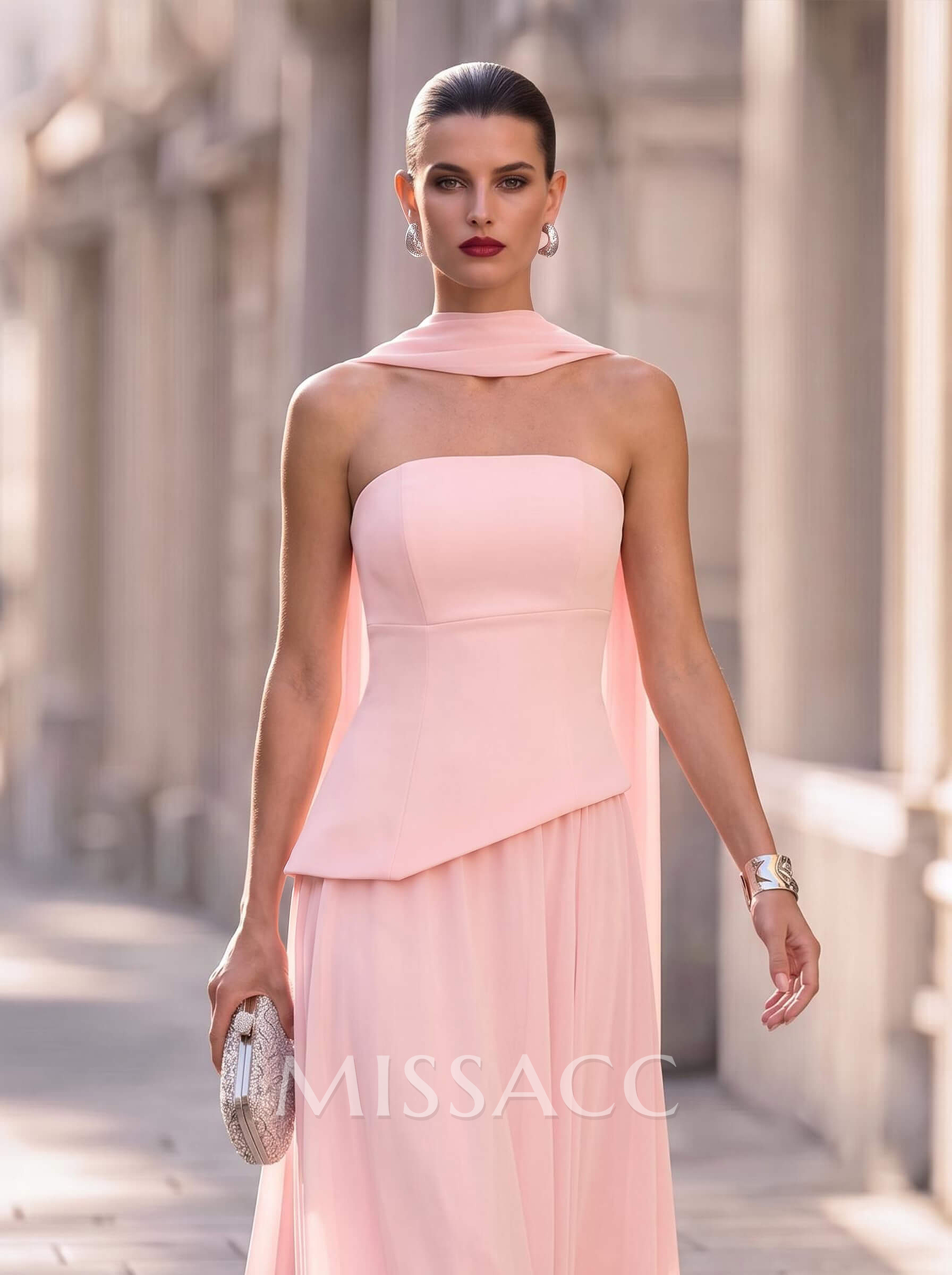 A-Line Strapless Sleeveless Sweep Train Chiffon Evening Dresses