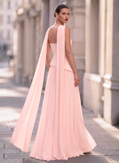 A-Line Strapless Sleeveless Sweep Train Chiffon Evening Dresses