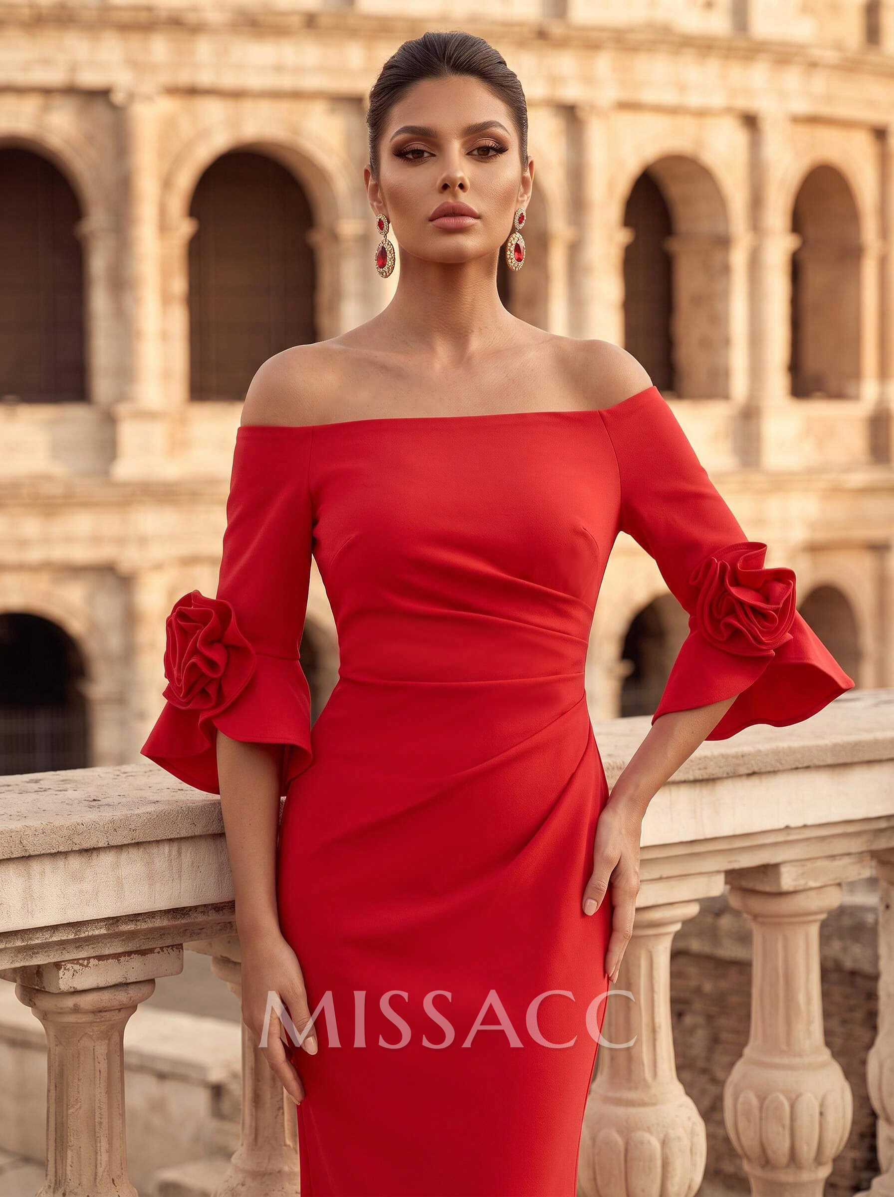 Sheath/Column Off-The-Shoulder 3/4 Sleeves Floor-Length Elastic Satin Evening Dresses With Flower