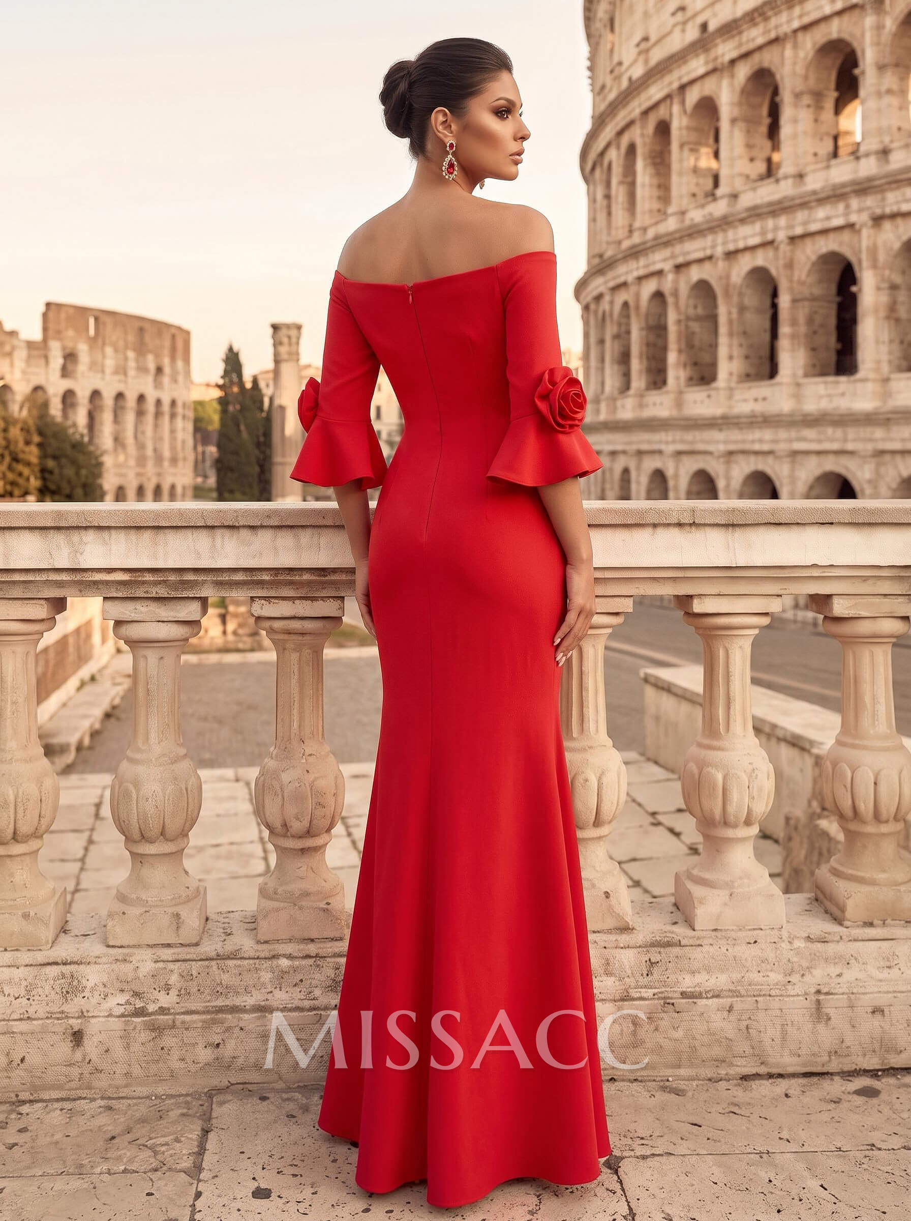 Sheath/Column Off-The-Shoulder 3/4 Sleeves Floor-Length Elastic Satin Evening Dresses With Flower