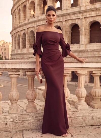 Off-The-Shoulder Sheath Floor-Length Stretch Satin Evening Dress with 3/4 Sleeves and Flower Detail