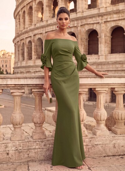 Off-The-Shoulder Sheath Floor-Length Stretch Satin Evening Dress with 3/4 Sleeves and Flower Detail