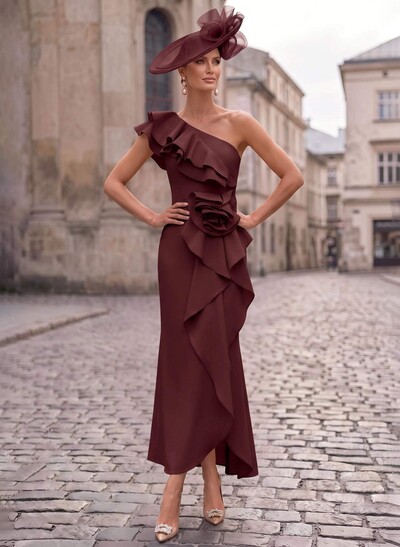Sheath/Column One-Shoulder Sleeveless Ankle-Length Elastic Satin Evening Dresses With Ruffle/Flower