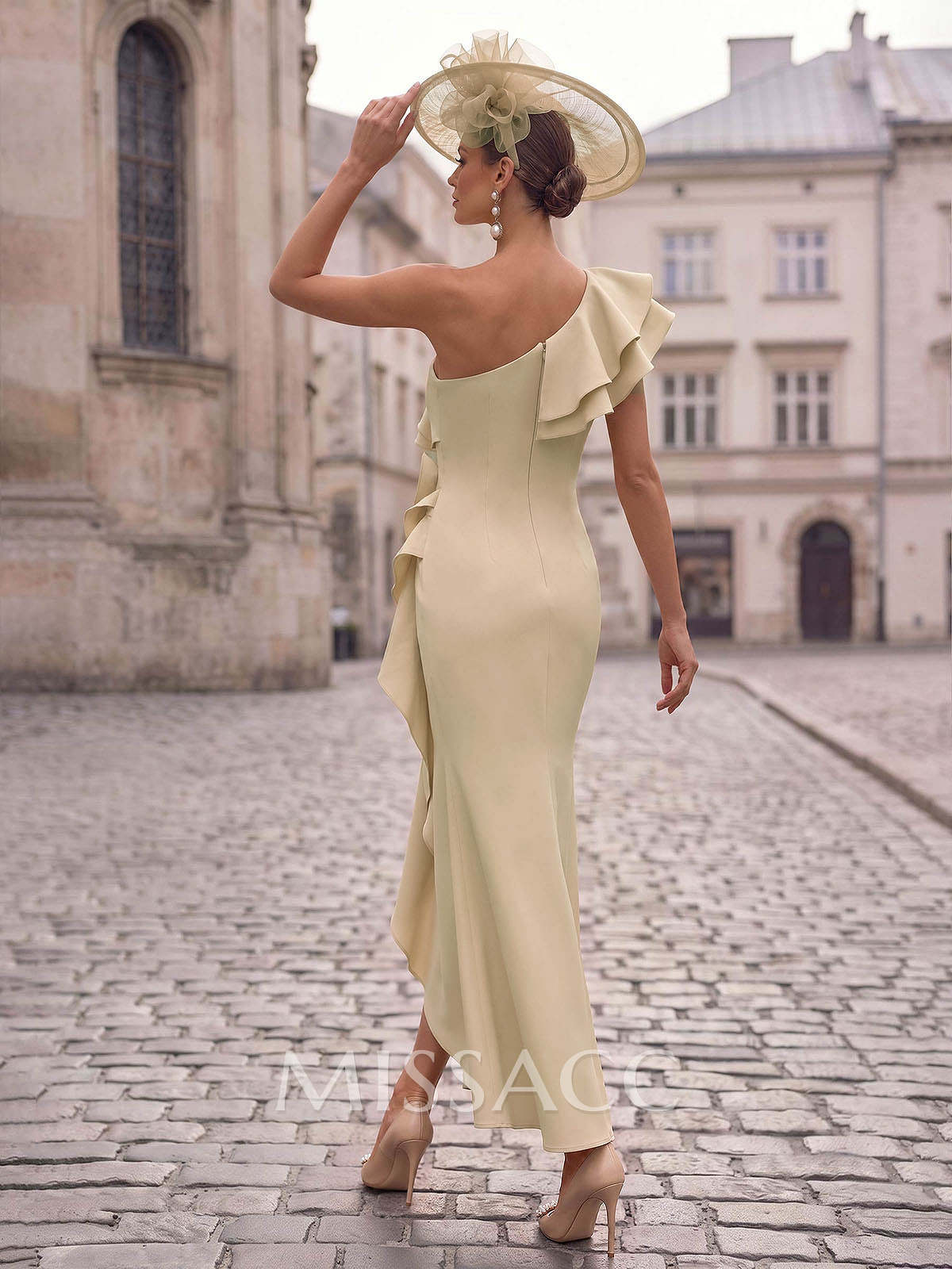 Sheath/Column One-Shoulder Sleeveless Ankle-Length Elastic Satin Evening Dresses With Ruffle/Flower