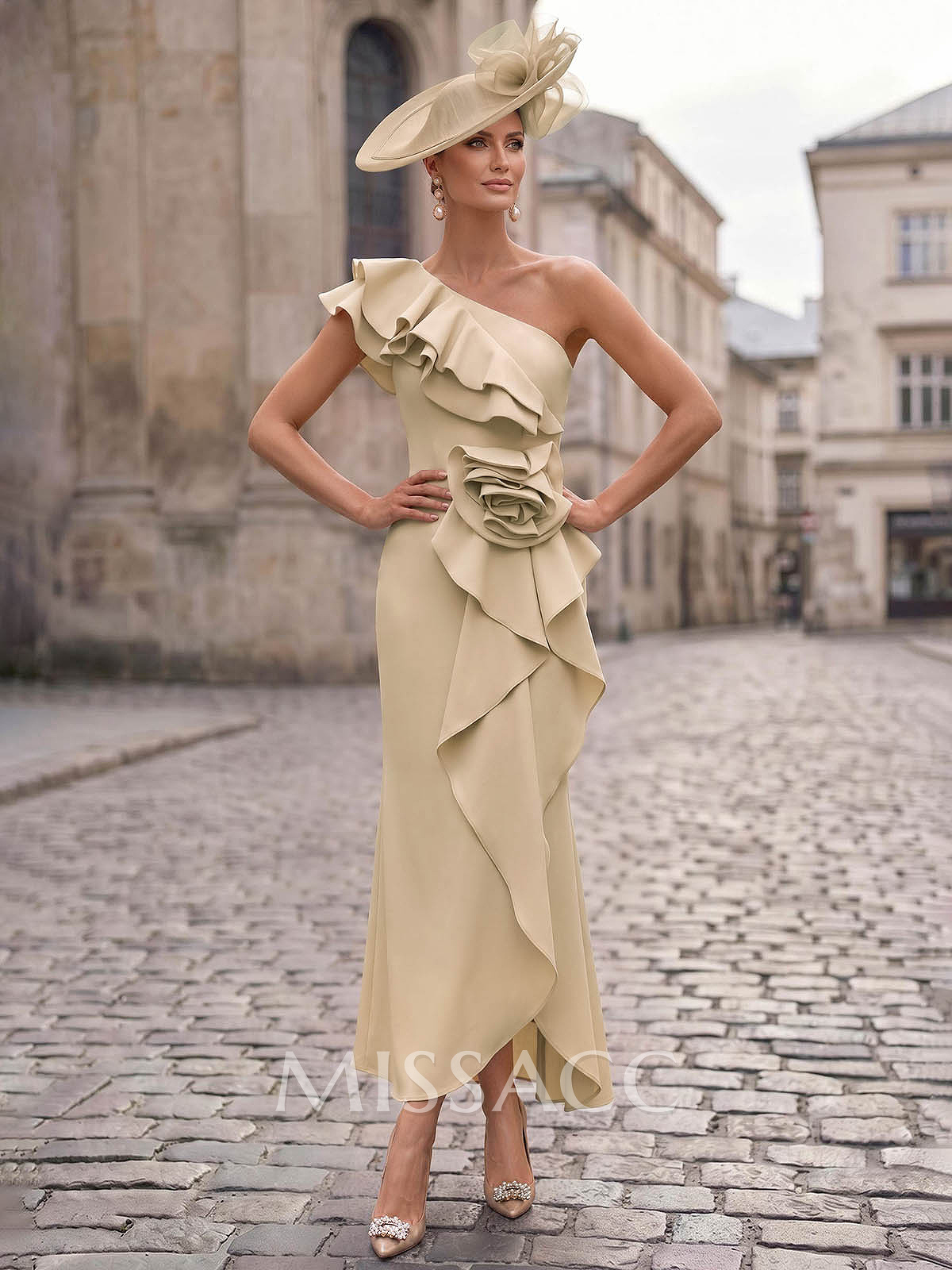 Sheath/Column One-Shoulder Sleeveless Ankle-Length Elastic Satin Evening Dresses With Ruffle/Flower