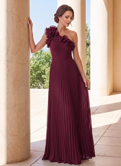 A-Line One-Shoulder Sleeveless Floor-Length Chiffon Evening Dresses With Pleated/Flower