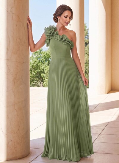 A-Line One-Shoulder Sleeveless Floor-Length Chiffon Evening Dresses With Pleated/Flower