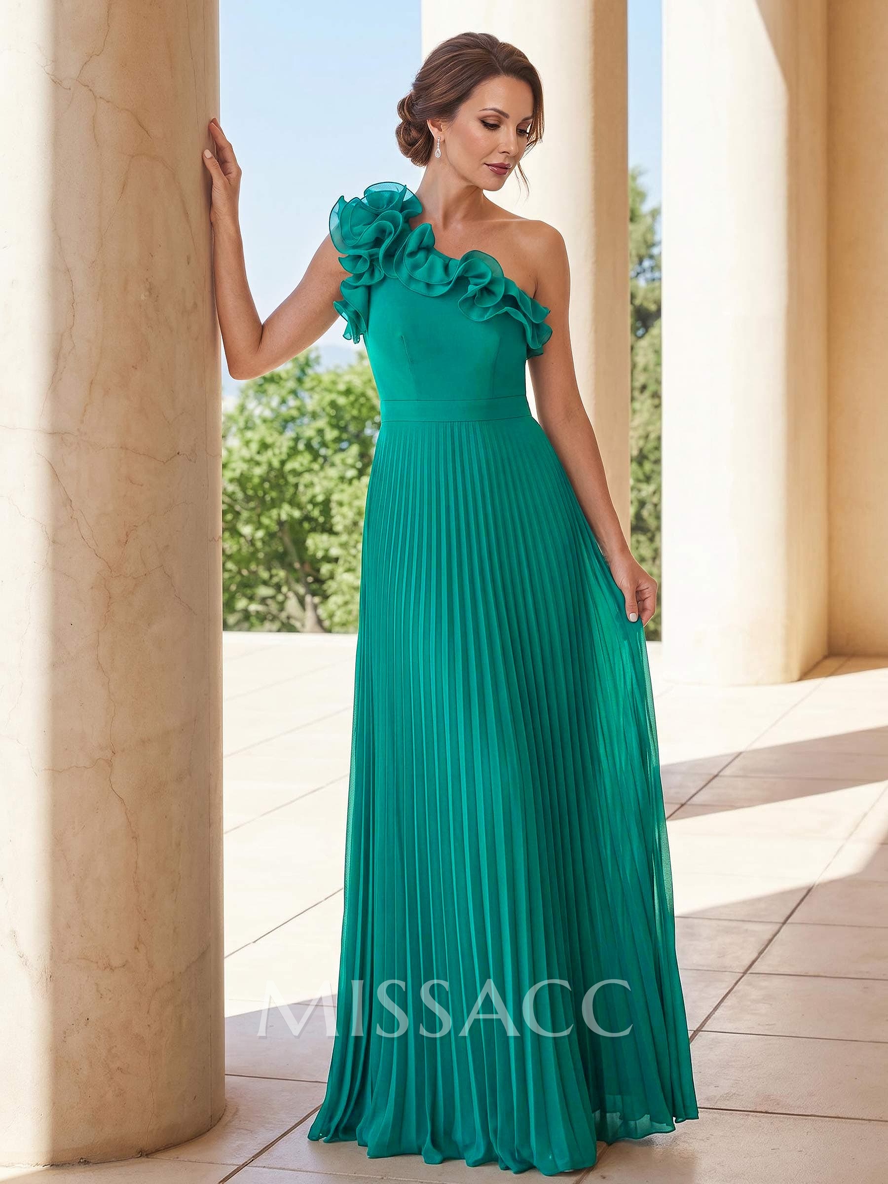 A-Line One-Shoulder Sleeveless Floor-Length Chiffon Evening Dresses With Pleated/Flower