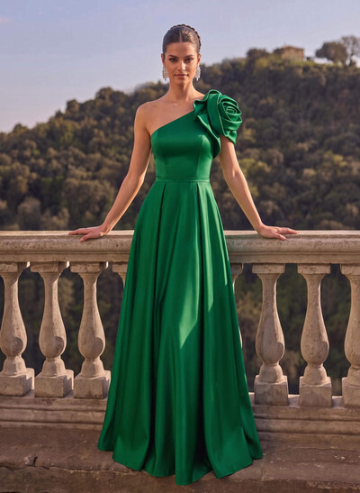 A-Line One-Shoulder Sleeveless Floor-Length Satin Evening Dresses With Flower
