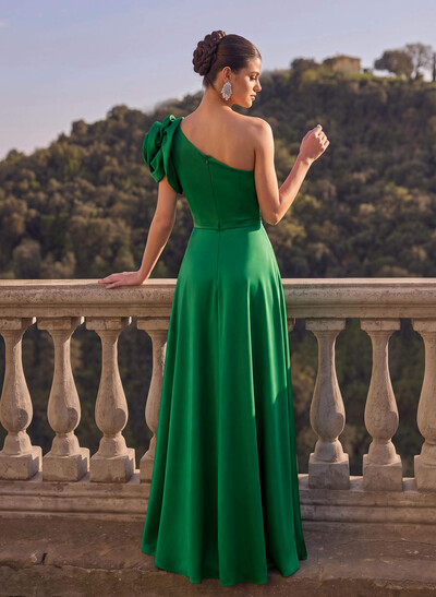 A-Line One-Shoulder Sleeveless Floor-Length Satin Evening Dresses With Flower