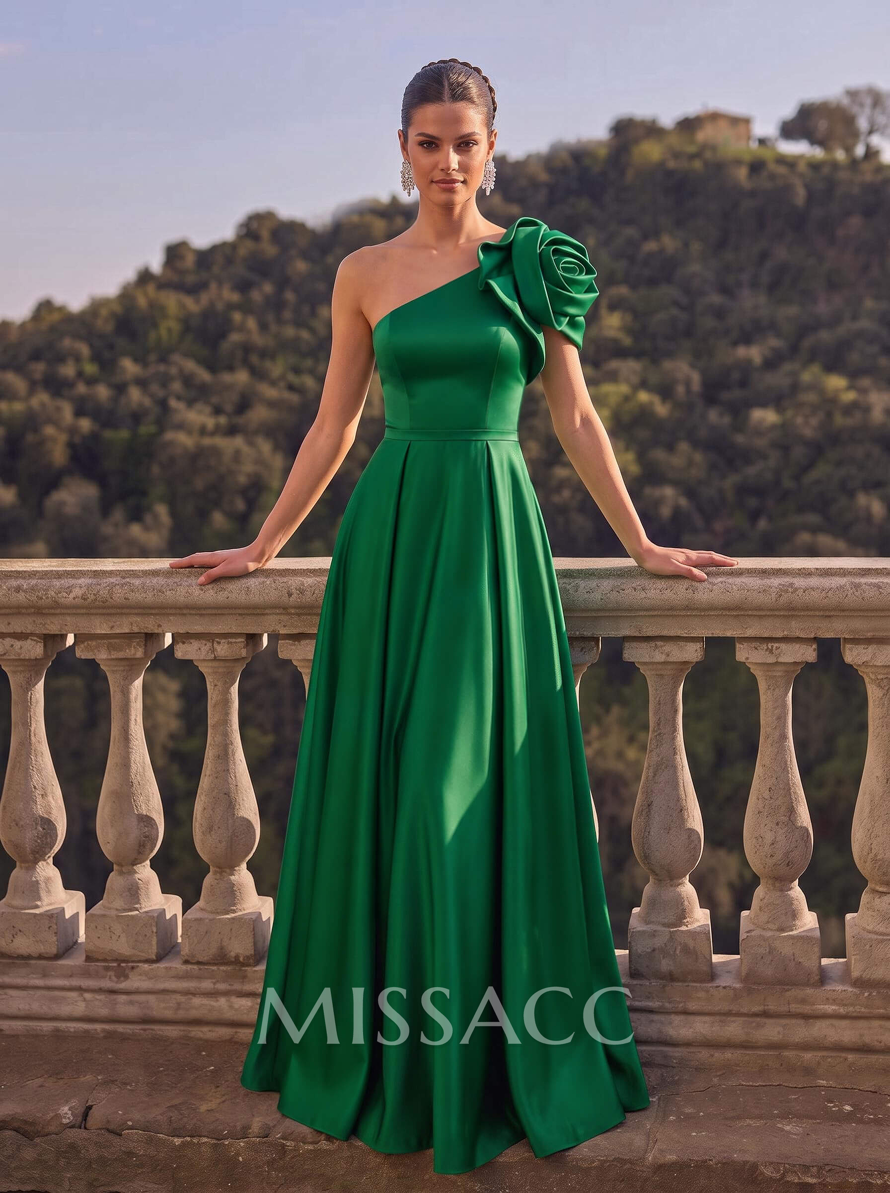 A-Line One-Shoulder Sleeveless Floor-Length Satin Evening Dresses With Flower