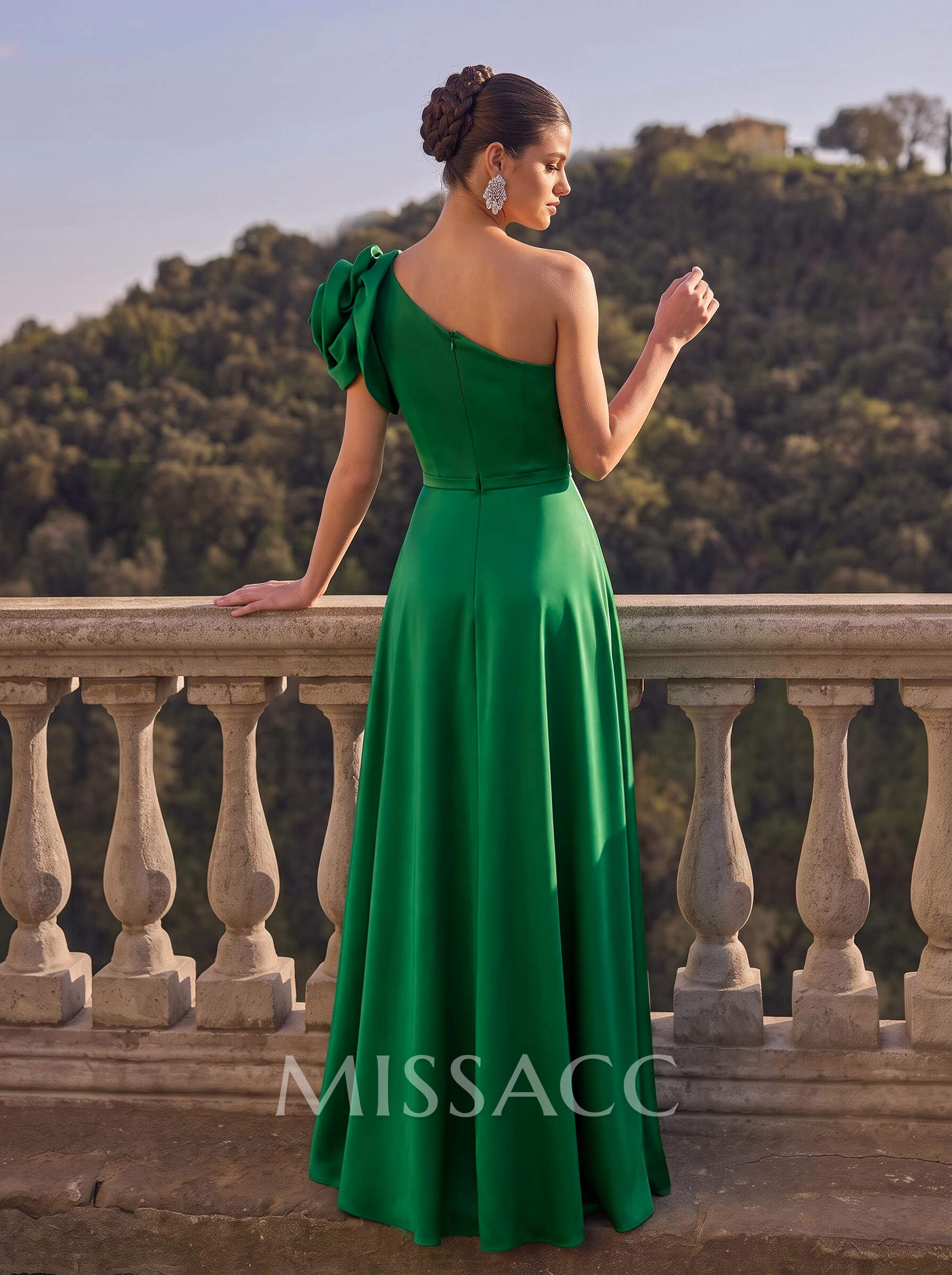 A-Line One-Shoulder Sleeveless Floor-Length Satin Evening Dresses With Flower