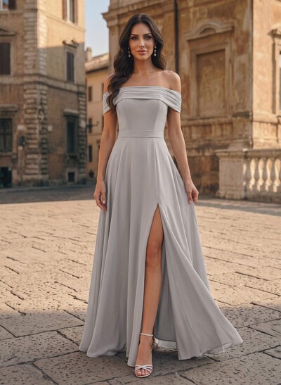 A-Line Off-The-Shoulder Sleeveless Floor-Length Chiffon Evening Dresses With High Split