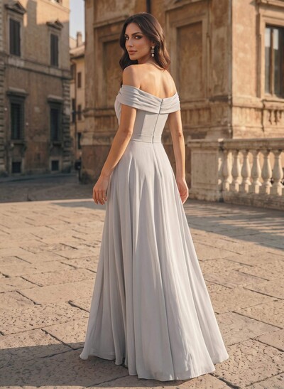 A-Line Off-The-Shoulder Sleeveless Floor-Length Chiffon Evening Dresses With High Split