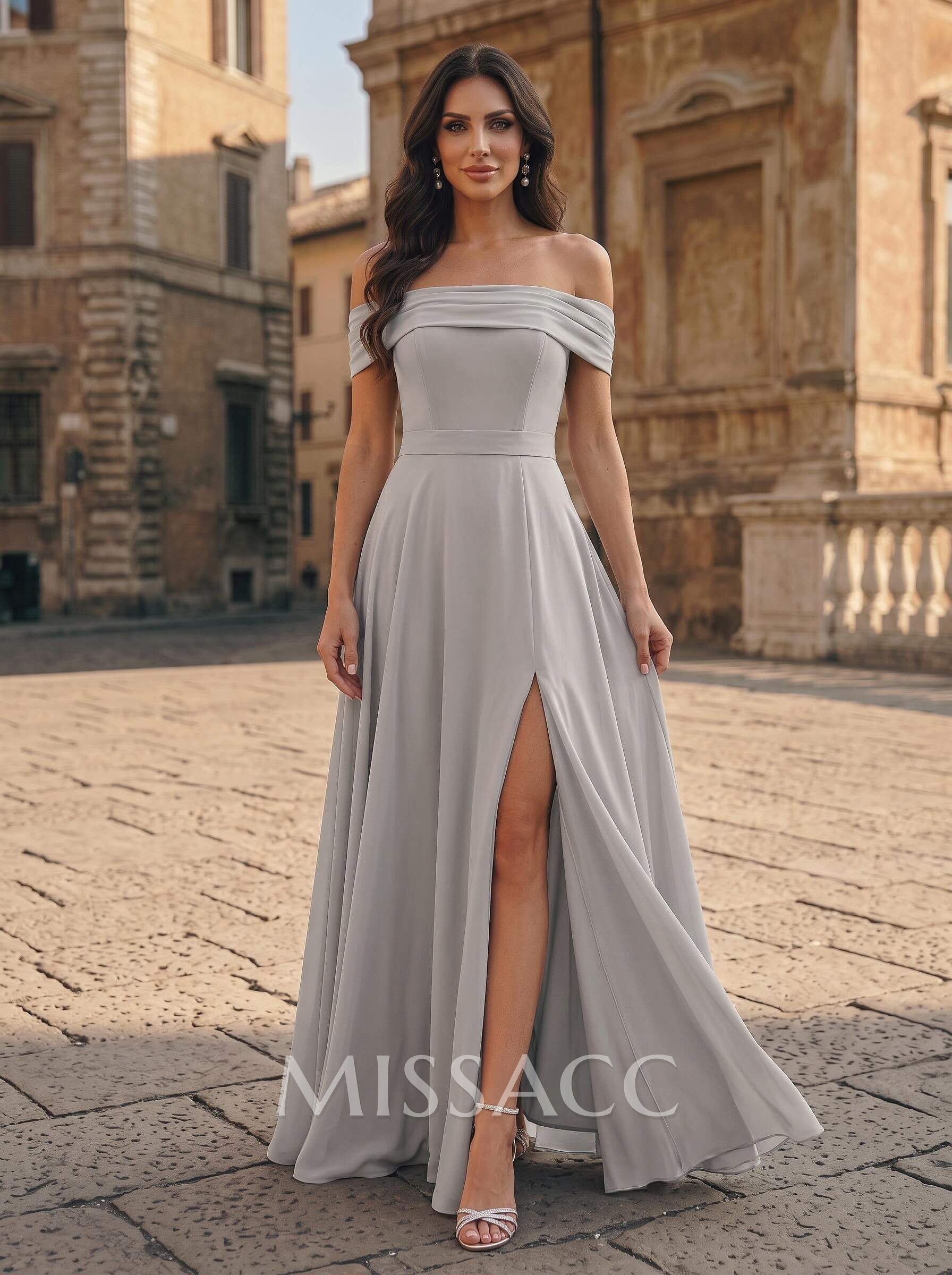 A-Line Off-The-Shoulder Sleeveless Floor-Length Chiffon Evening Dresses With High Split