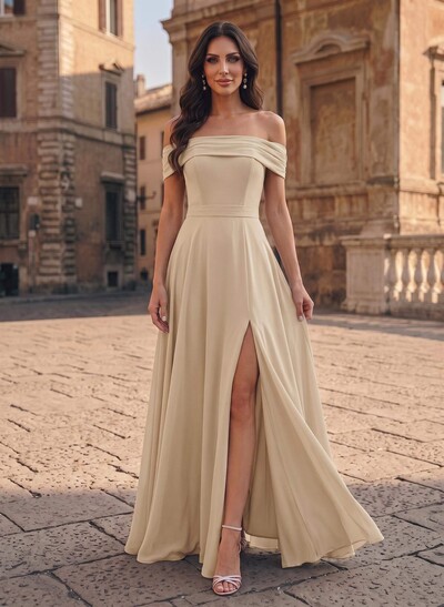 A-Line Off-The-Shoulder Sleeveless Floor-Length Chiffon Evening Dresses With High Split