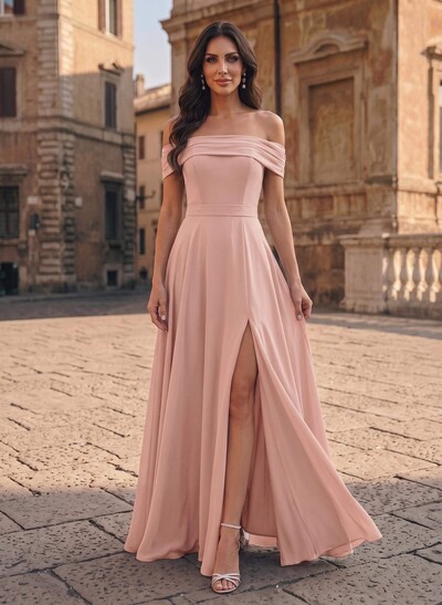 A-Line Off-The-Shoulder Sleeveless Floor-Length Chiffon Evening Dresses With High Split
