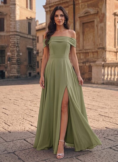A-Line Off-The-Shoulder Sleeveless Floor-Length Chiffon Evening Dresses With High Split
