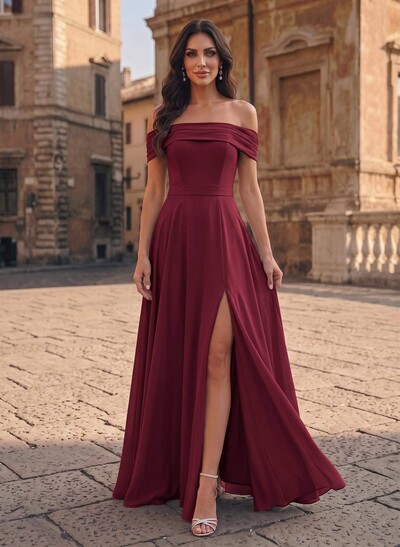 A-Line Off-The-Shoulder Sleeveless Floor-Length Chiffon Evening Dresses With High Split