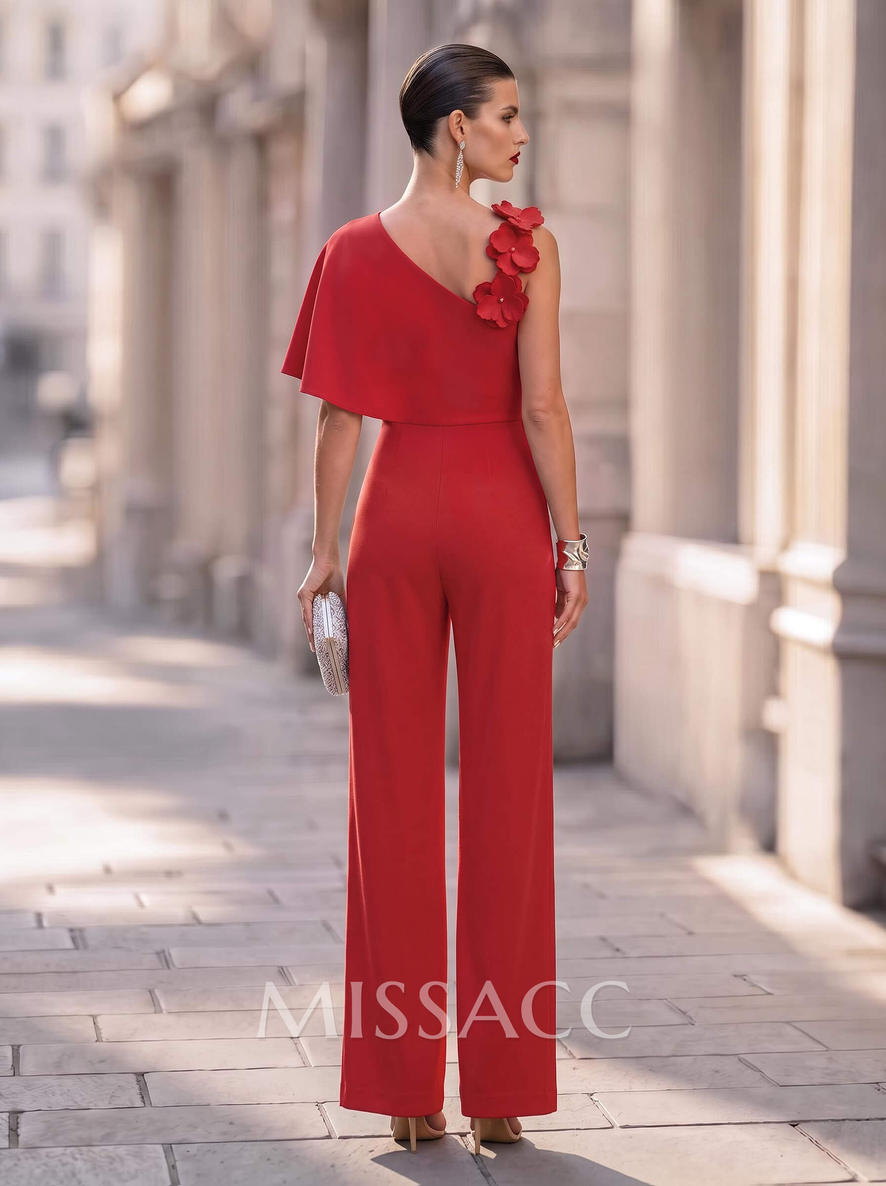Asymmetrical Short Sleeve Floor-Length Stretch Satin Evening Jumpsuit/Trouser Suit With Floral Detail