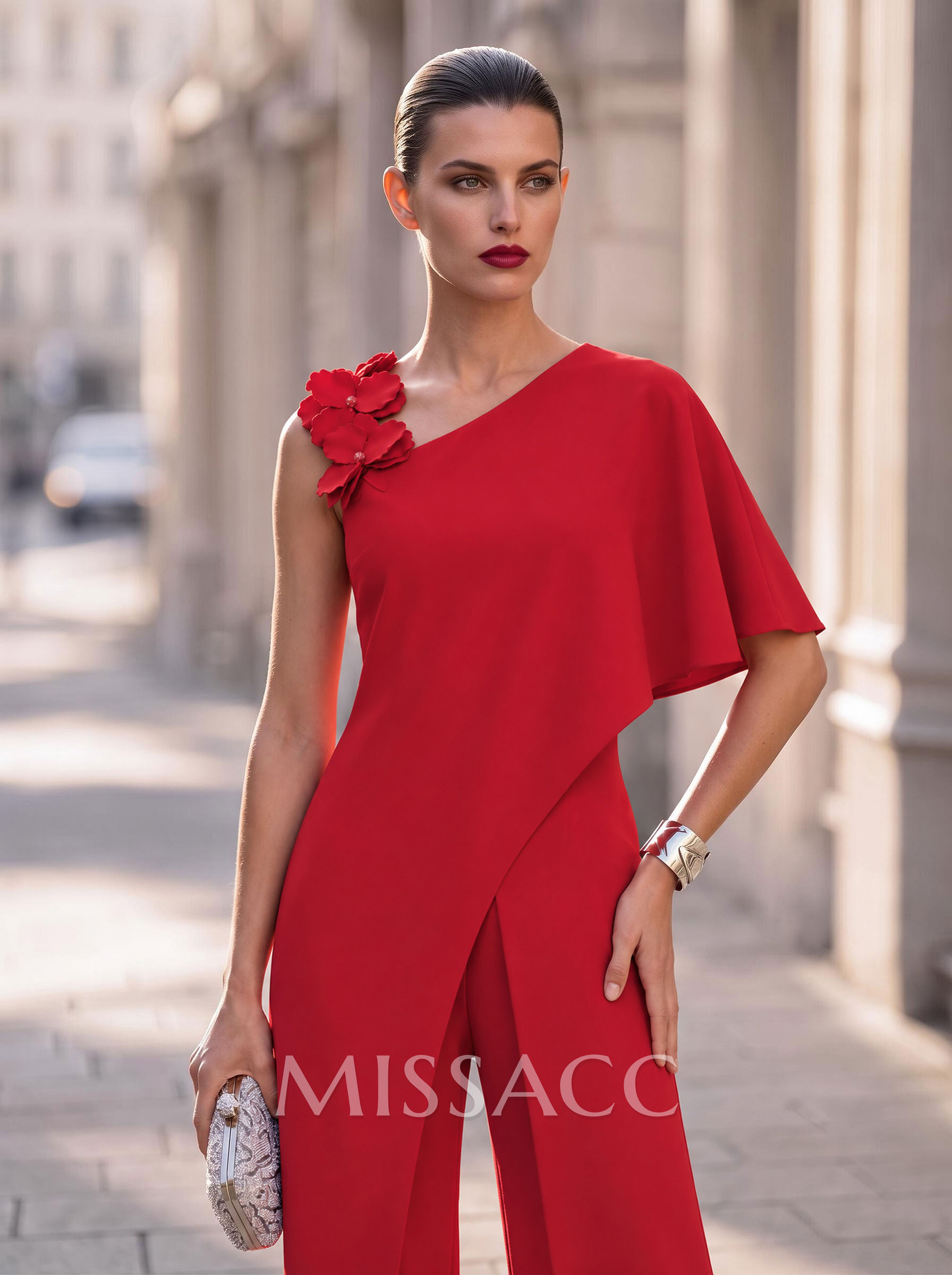 Asymmetrical Short Sleeve Floor-Length Stretch Satin Evening Jumpsuit/Trouser Suit With Floral Detail
