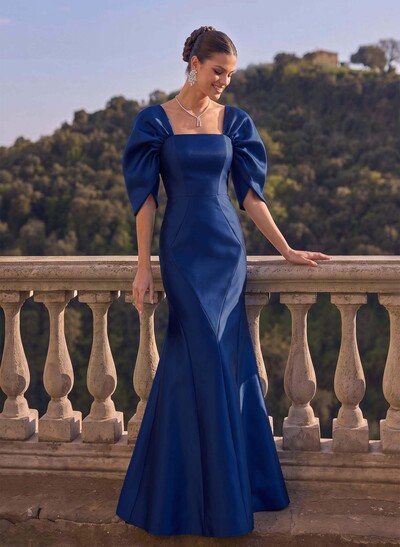 Trumpet/Mermaid Square Neckline 3/4 Sleeves Floor-Length Twill Satin Evening Dresses