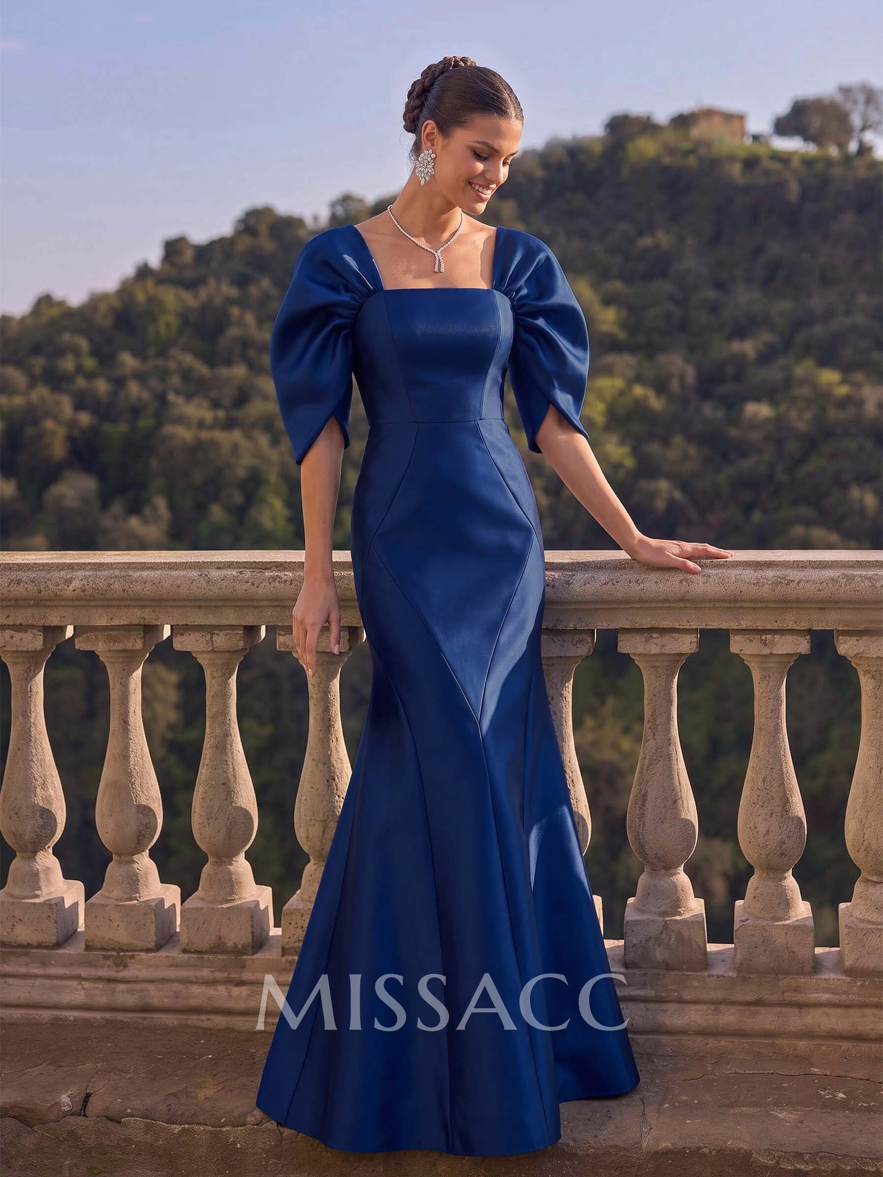 Trumpet/Mermaid Square Neckline 3/4 Sleeves Floor-Length Twill Satin Evening Dresses