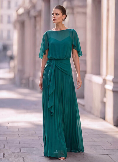 A-Line Scoop Neck Short Sleeves Floor-Length Chiffon Evening Dresses With Ruffle/Pleated