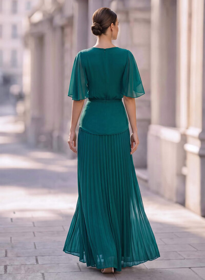 A-Line Scoop Neck Short Sleeves Floor-Length Chiffon Evening Dresses With Ruffle/Pleated