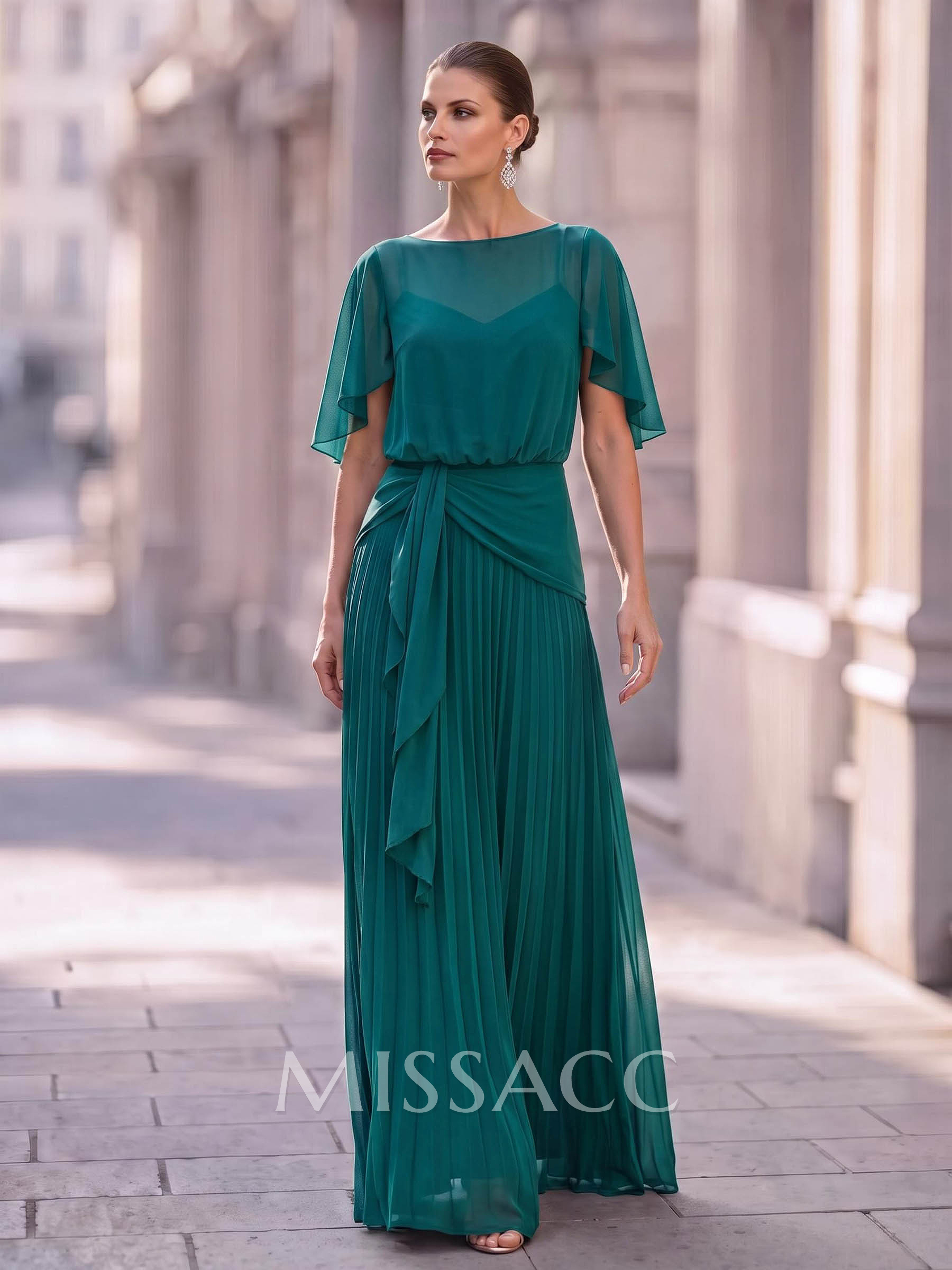 A-Line Scoop Neck Short Sleeves Floor-Length Chiffon Evening Dresses With Ruffle/Pleated