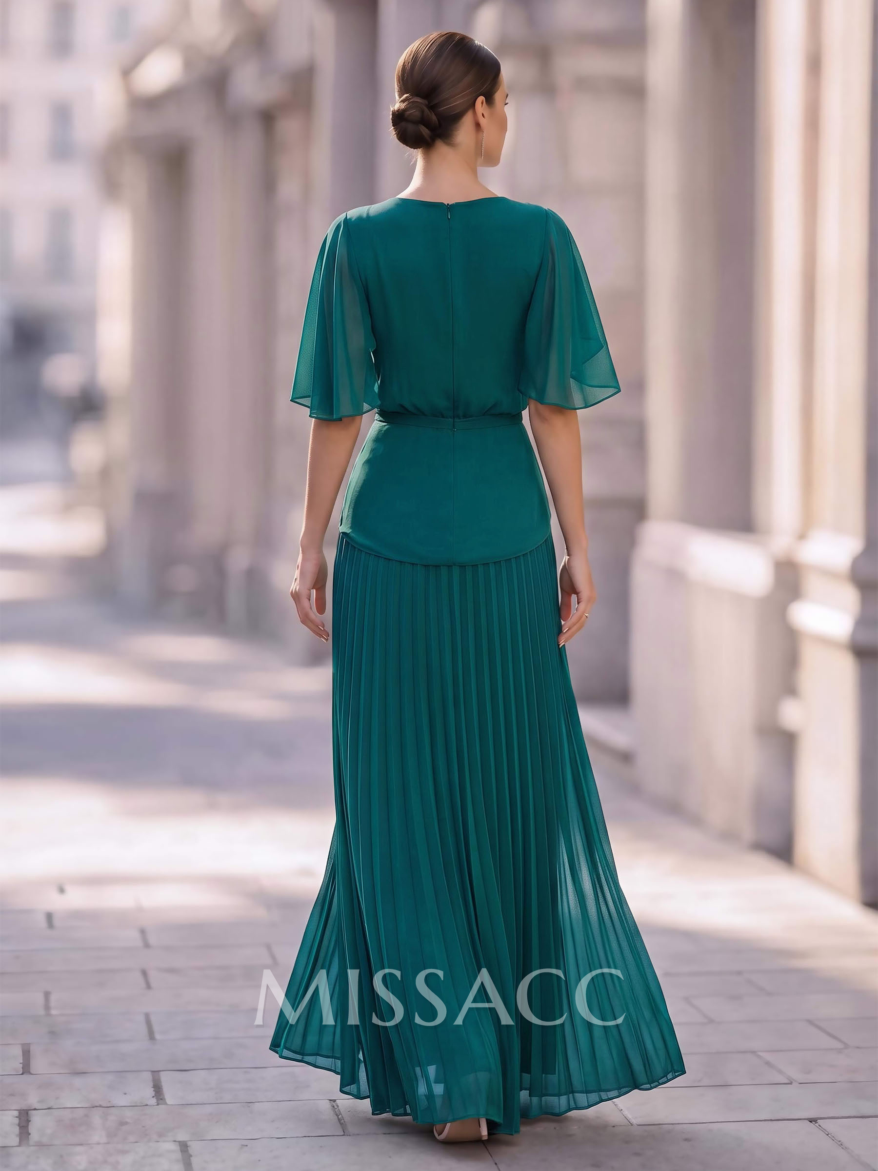A-Line Scoop Neck Short Sleeves Floor-Length Chiffon Evening Dresses With Ruffle/Pleated