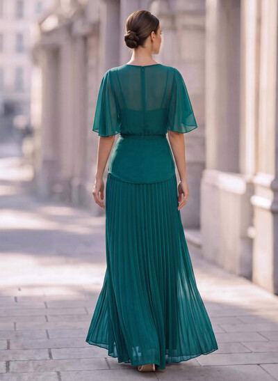 A-Line Scoop Neck Short Sleeves Floor-Length Chiffon Evening Dresses With Ruffle/Pleated