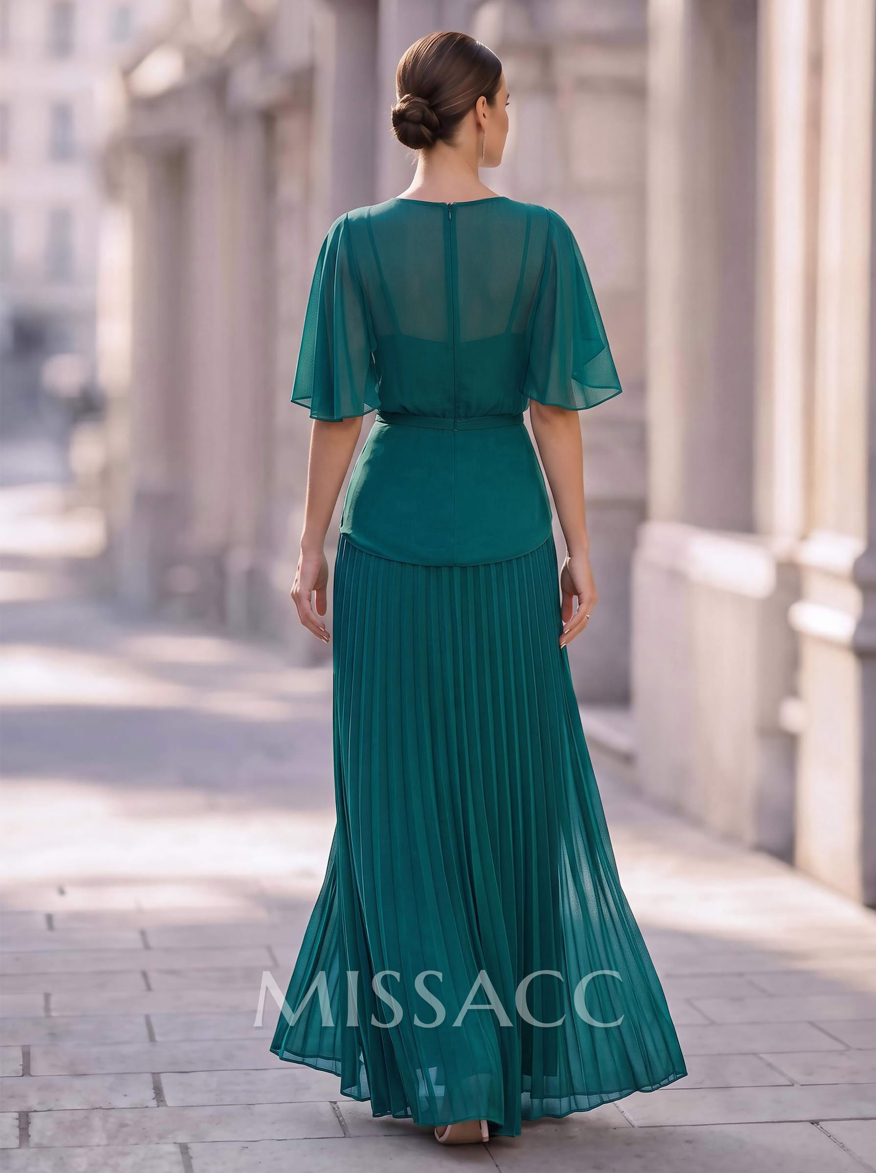 A-Line Scoop Neck Short Sleeves Floor-Length Chiffon Evening Dresses With Ruffle/Pleated