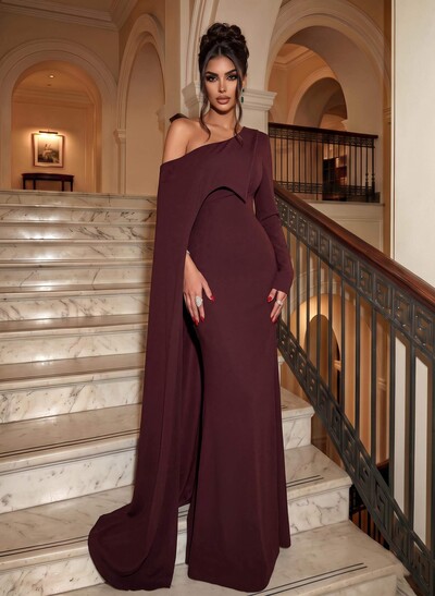 Sheath/Column Asymmetrical Long Sleeve/Cape Sleeve Sweep Train Stretch Satin Evening Dresses