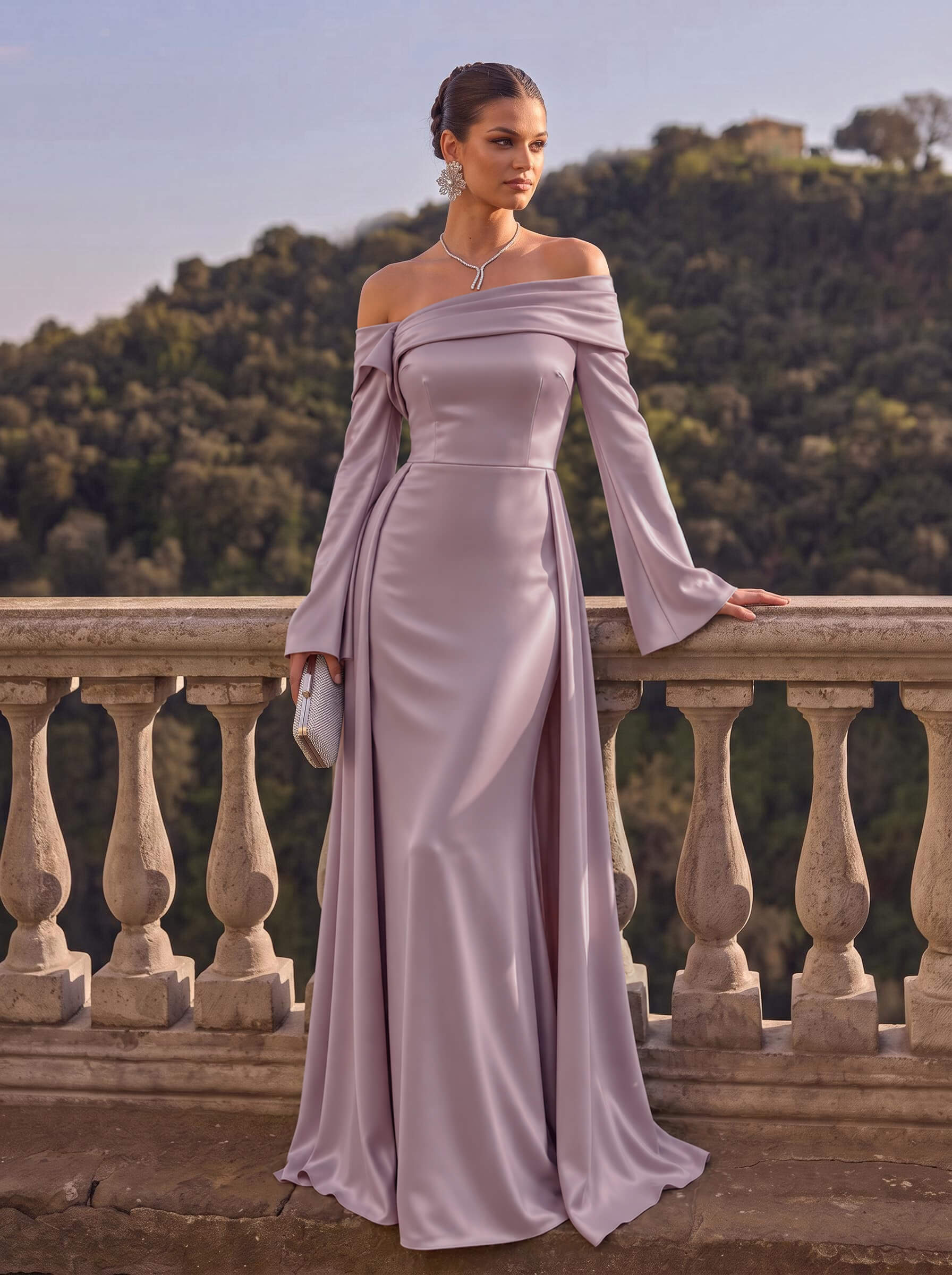 Off-The-Shoulder Column Evening Dress In Crepe Satin With Long Sleeves, Sweep Train And Overskirt