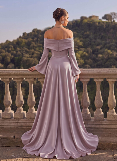 Off-The-Shoulder Column Evening Dress In Crepe Satin With Long Sleeves, Sweep Train And Overskirt