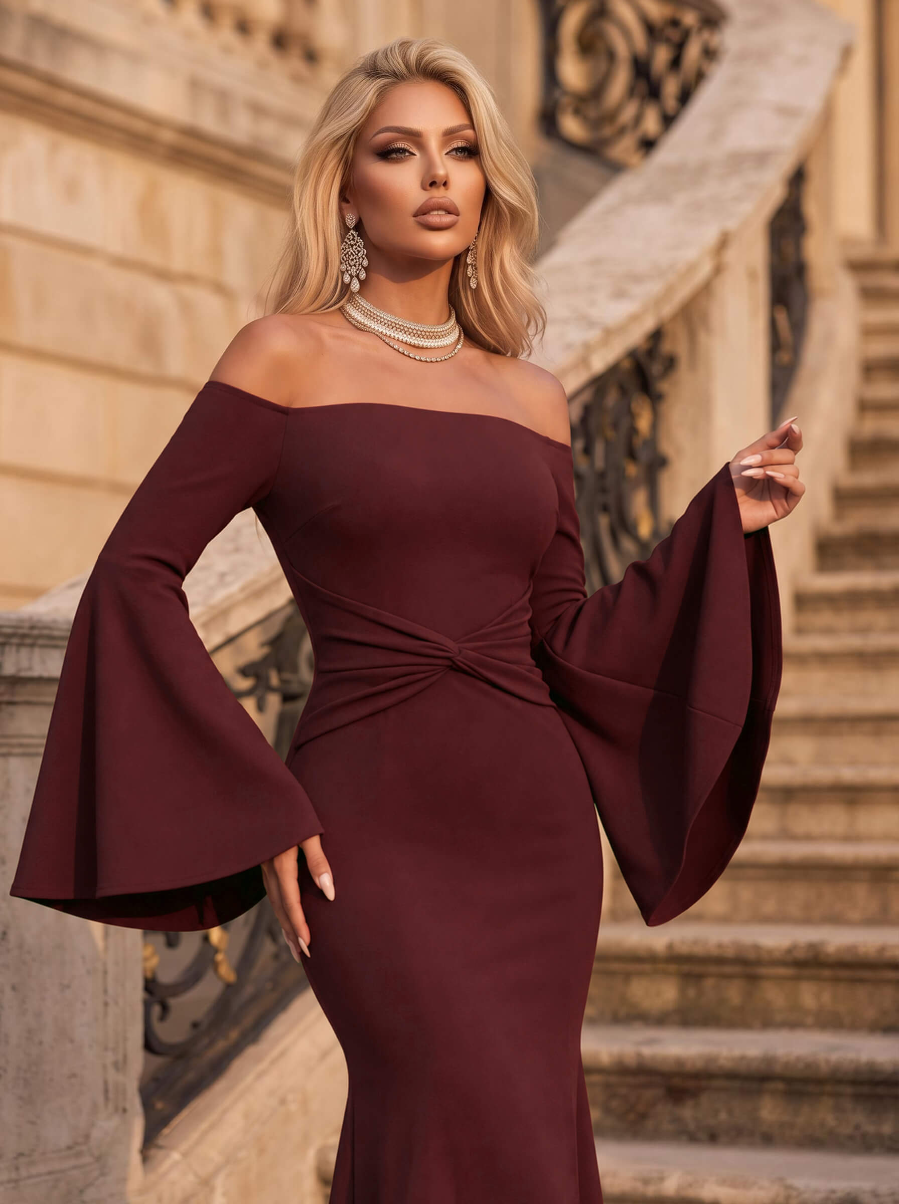 Mermaid/Trumpet Bardot Long Sleeve Floor-Length Stretch Satin Evening Dresses