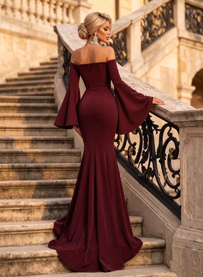Trumpet/Mermaid Off-The-Shoulder Long Sleeves Sweep Train Elastic Satin Evening Dresses