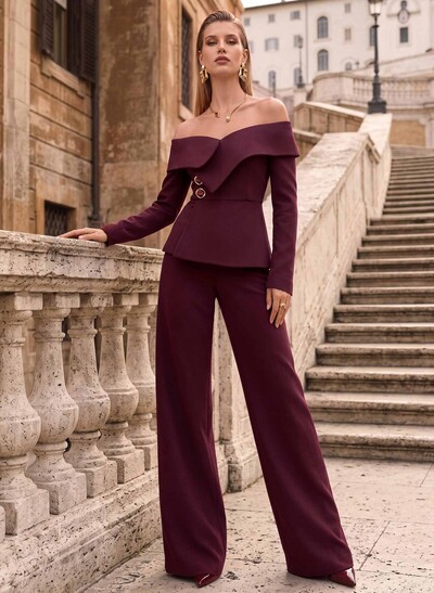 Two Piece Off-The-Shoulder Long Sleeves Floor-Length Elastic Satin Evening Dresses