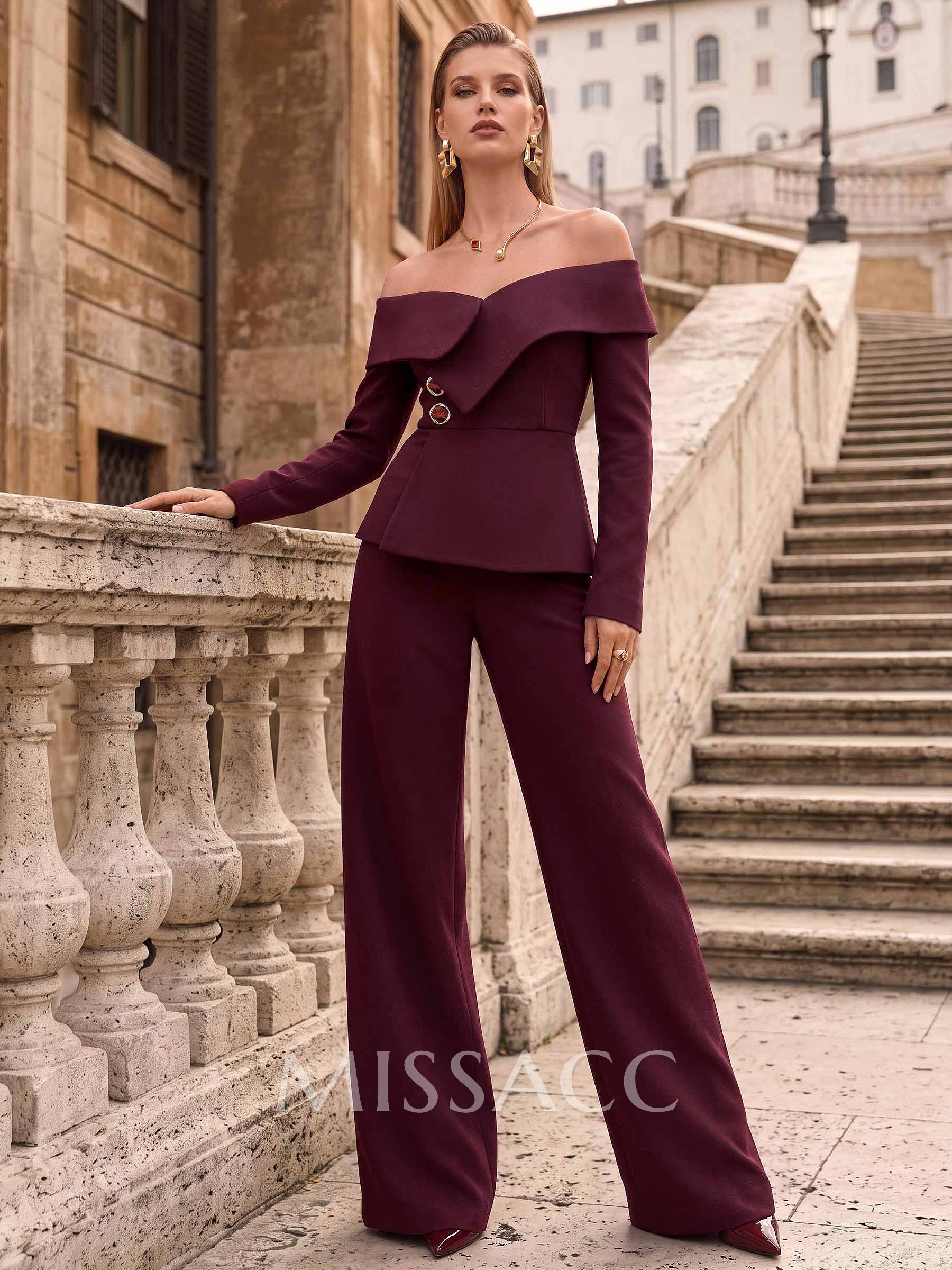 Two Piece Off-The-Shoulder Long Sleeves Floor-Length Elastic Satin Evening Dresses