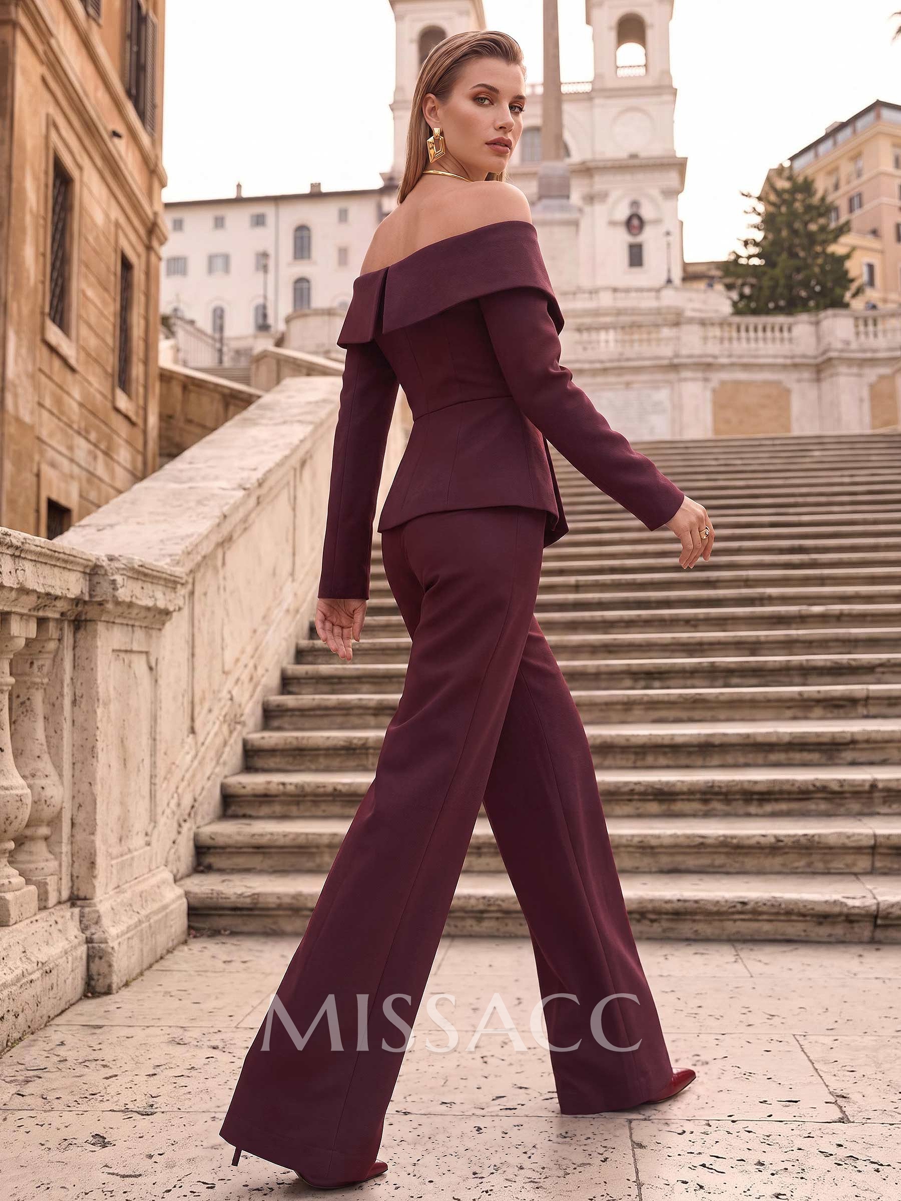 Two Piece Off-The-Shoulder Long Sleeves Floor-Length Elastic Satin Evening Dresses